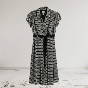 Robbie Bee Women’s Black and Cream Polka Dots Front Tie Midi Dress Size 14